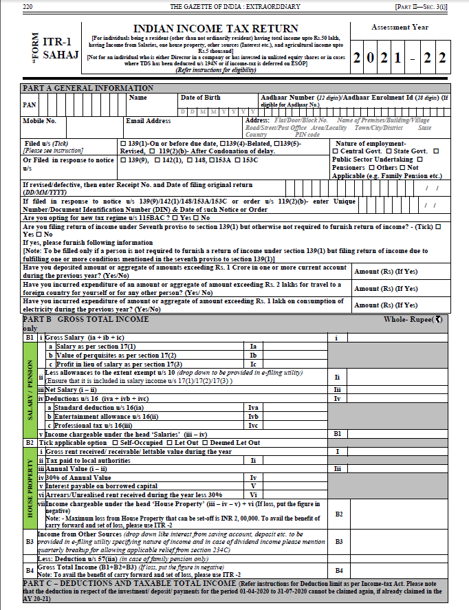 itr 1 form for salaried person